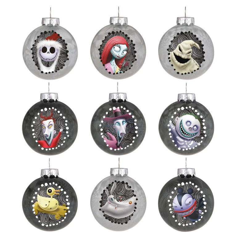 Hallmark Disney Tim Burton's The Nightmare Before Christmas Halloween Town Glass Ornaments, Set Of 9 3 Hallmark Disney Tim Burton's The Nightmare Before Christmas Halloween Town Glass Ornaments, Set Of 9