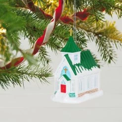 Hallmark Candlelight Service Ornament -Hallmark Toys Shop White Church With Green Steeple Keepsake Ornament 2199QGO2767 02